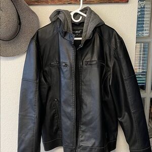 Men's Black Faux Leather Jacket with Hood